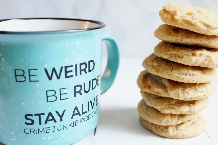 chai spiced honey cookies with crime junkie podcast mug 1