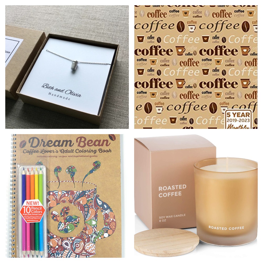 Collage of coffee random gifts for Coffee Lovers Gift Guide