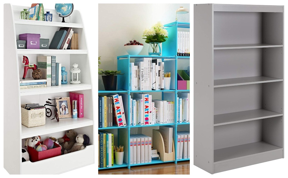 Collage of toddler bedroom bookshelves