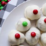brownie truffles on plaid plate with m&ms pile 1
