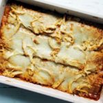 cooked bbq chicken alfredo lasagna in pan 1