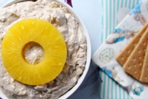 carrot cake dip with pineapple and peter rabbit napkins 1