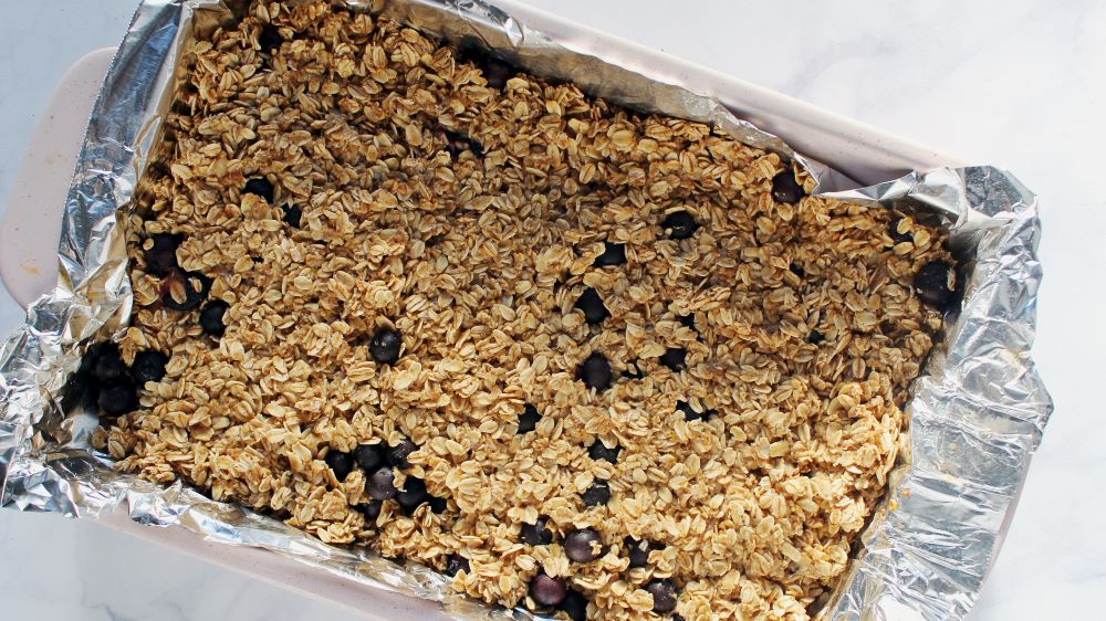 vanilla blueberry baked oatmeal in baking pan 1
