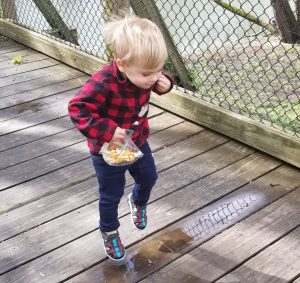 toddler jumping in puddle