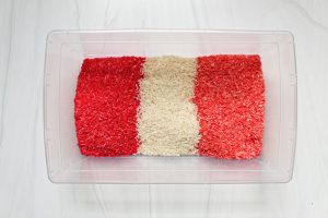 red white pink rice for valentine's day sensory bin 1