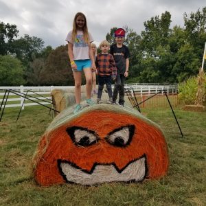 kids on top of pumpkin spider hay bale