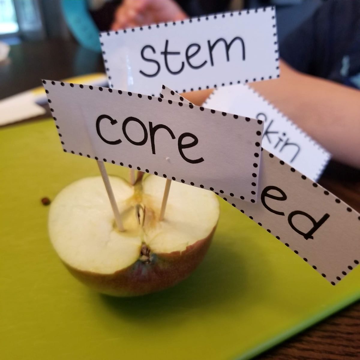 apple with toothpick labels